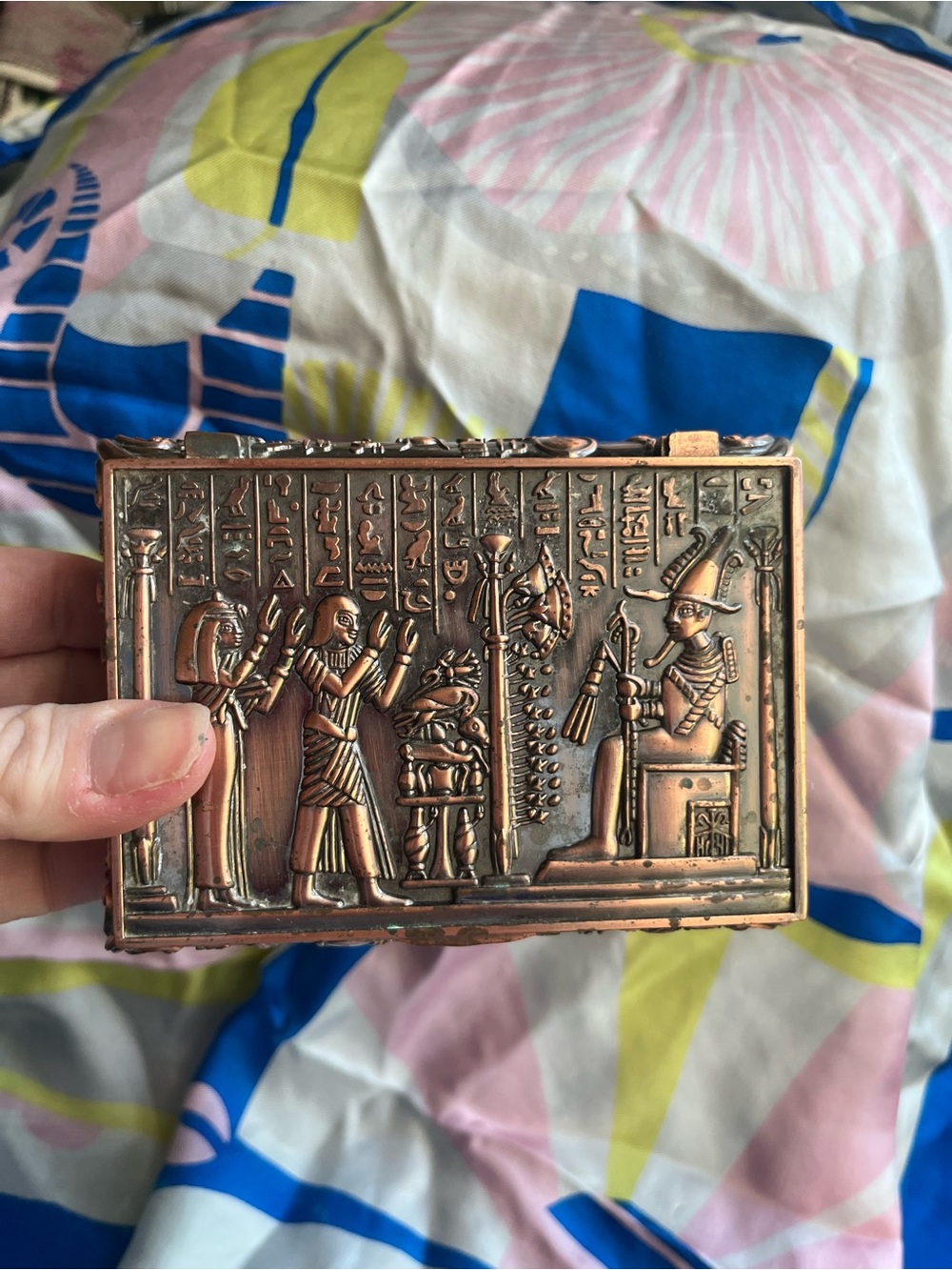 Vintage Decorative Egyptian Relief Jewelry Box in Copper